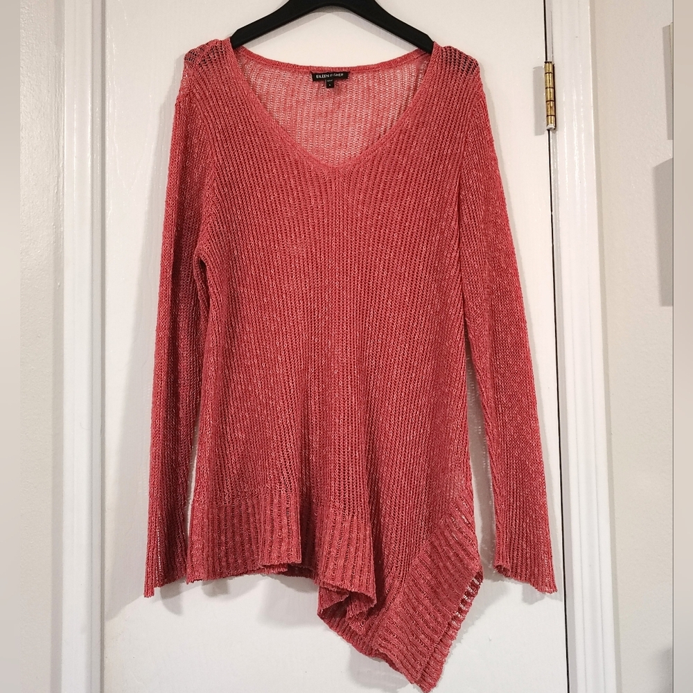 Eileen Fisher V-Neck Asymmetrical Linen Blend Open Weave Top Women Large Coral